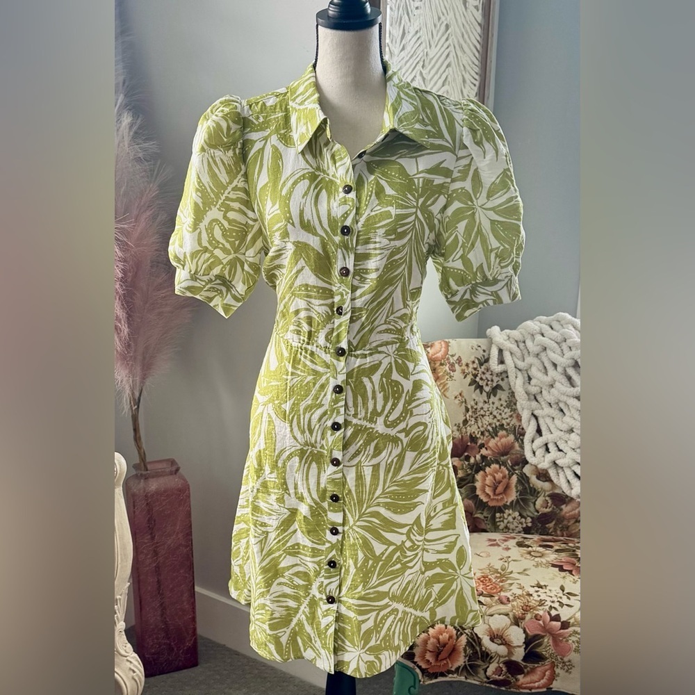 Rachel Parcell Green Floral Puff Sleeve Button Front Dress Small